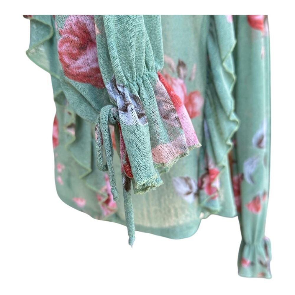 Know.One.Cares Green Top Floral Ruffle Long Sleeve Semi Sheer Shirt Couquette S - Picture 7 of 13